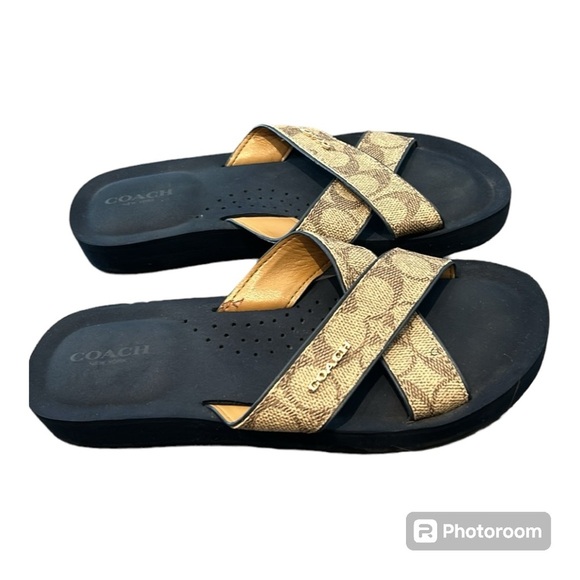 COACH Janine Criss Cross Slide Sandals Khaki Logo Women Size 7 - Picture 1 of 17